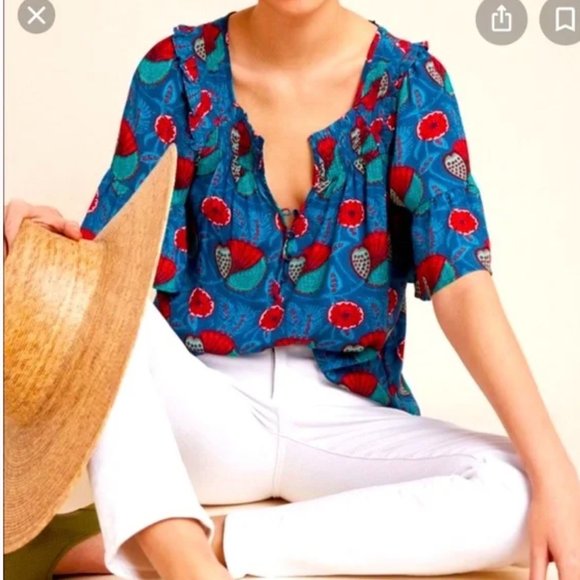 ANTHROPOLOGIE Maeve Blue Red Abstract Poppy Floral Flutter Letitia Sleeve Top - - Picture 1 of 10
